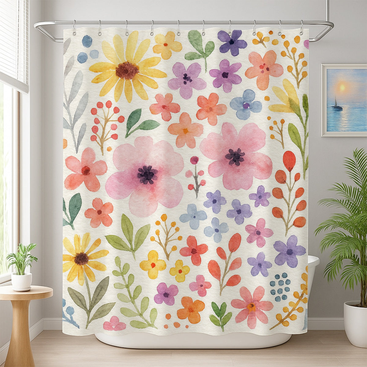 Feblilac Watercolor Flowers and Leaves Shower Curtain