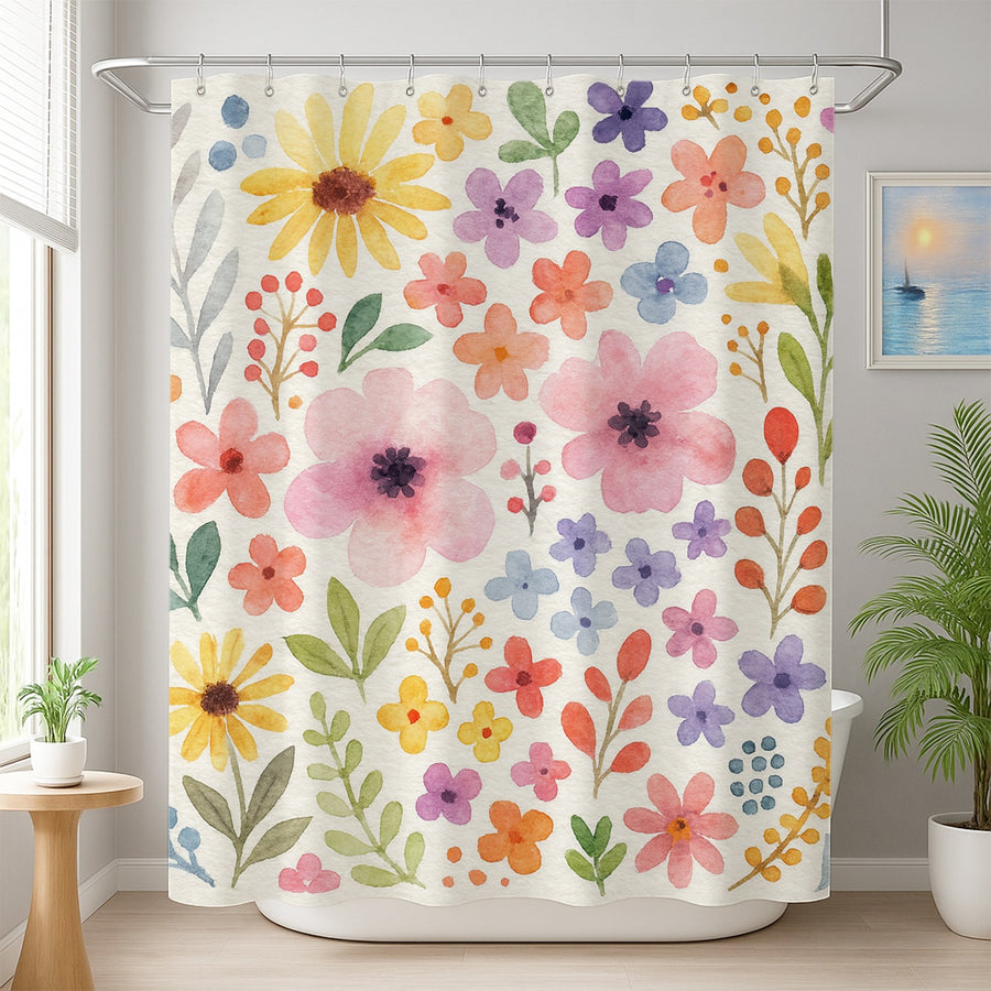 Feblilac Watercolor Flowers and Leaves Shower Curtain