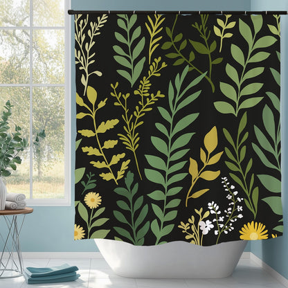 Feblilac Green Leaves on Black Shower Curtain
