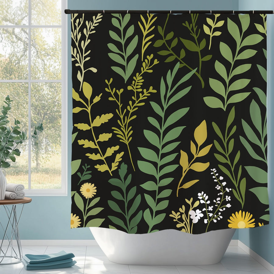 Feblilac Green Leaves on Black Shower Curtain