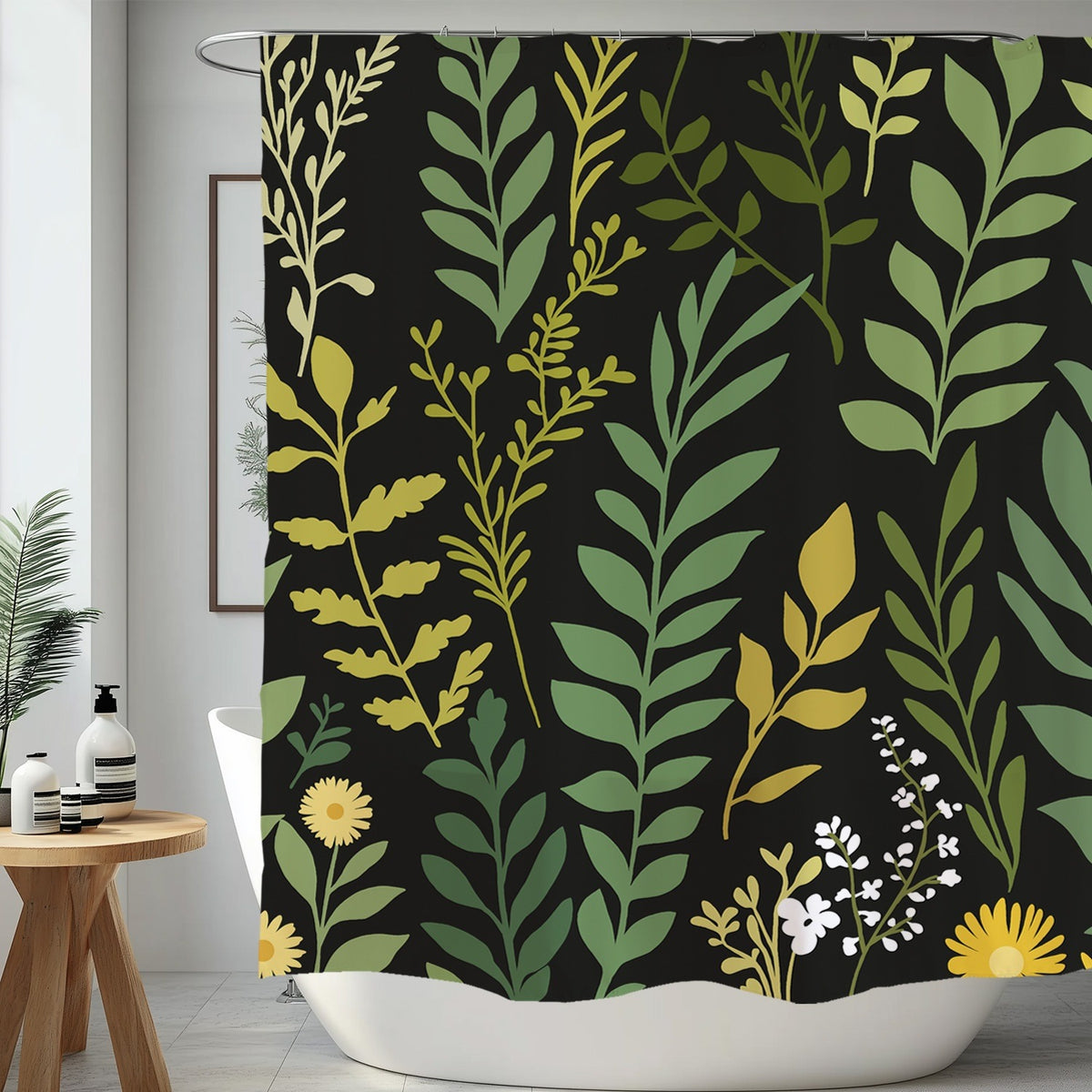 Feblilac Green Leaves on Black Shower Curtain