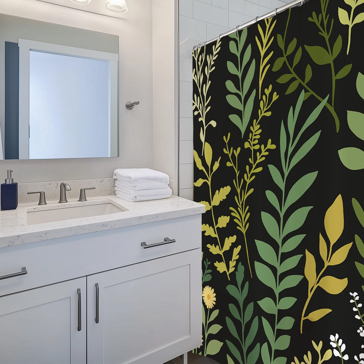 Feblilac Green Leaves on Black Shower Curtain