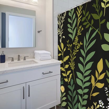 Feblilac Green Leaves on Black Shower Curtain