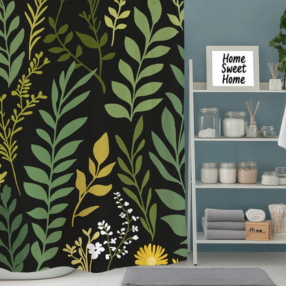 Feblilac Green Leaves on Black Shower Curtain