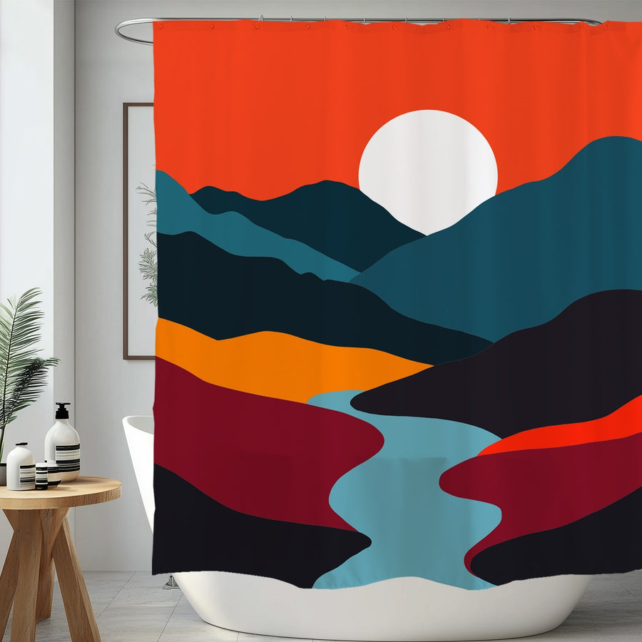 Feblilac Orange Mountains and River Shower Curtain