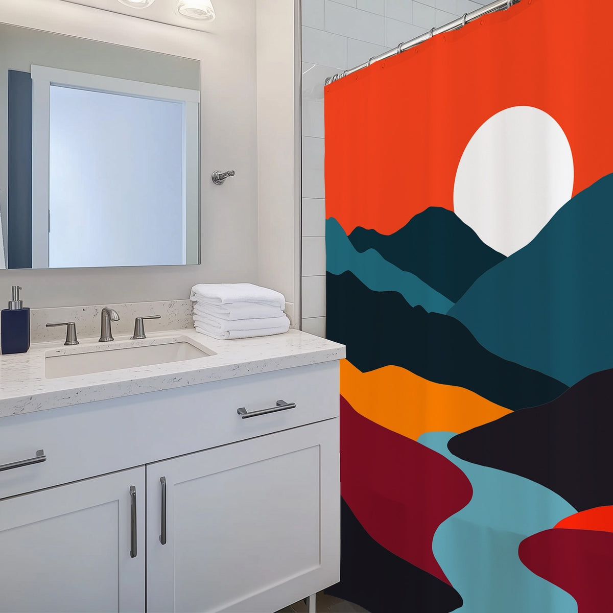 Feblilac Orange Mountains and River Shower Curtain