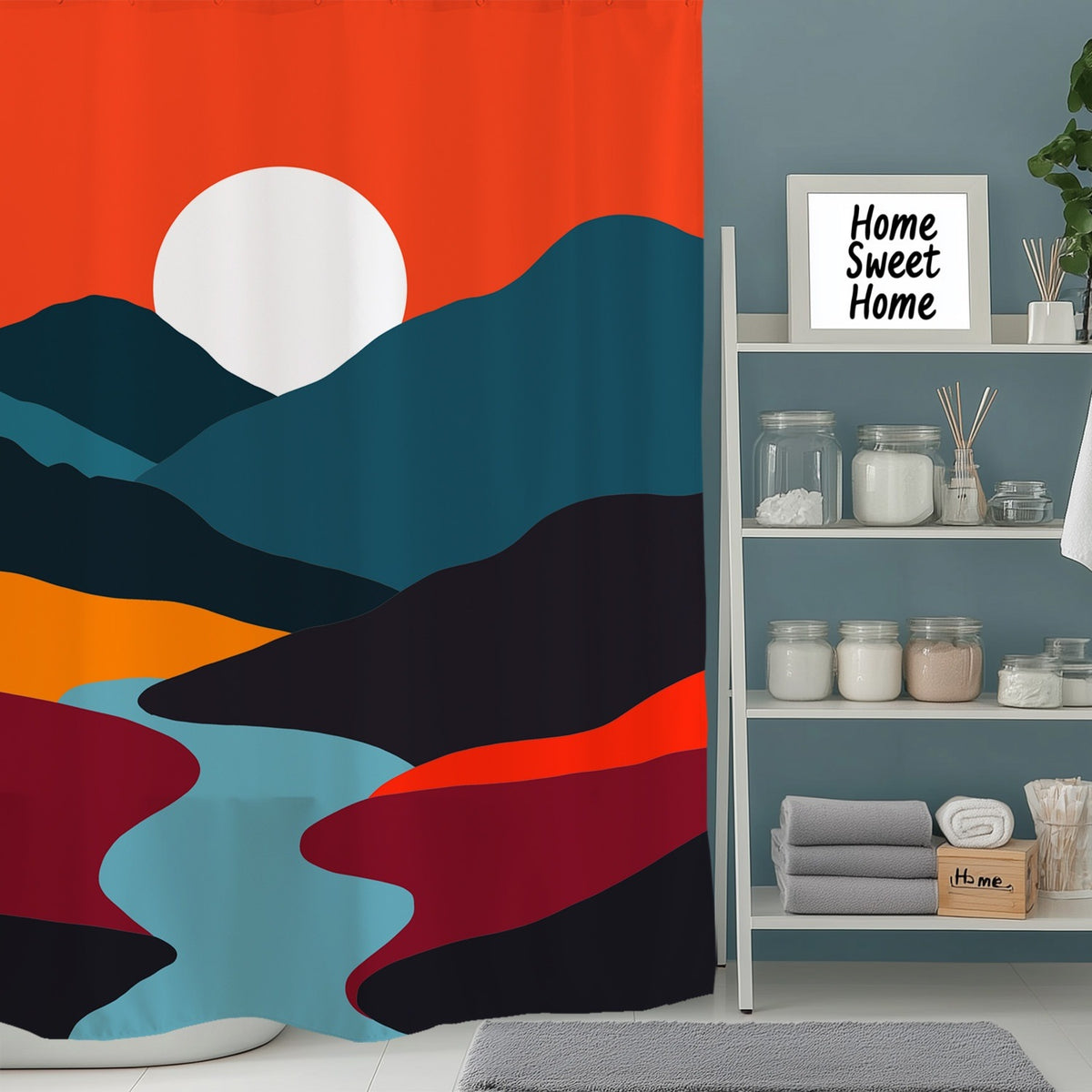 Feblilac Orange Mountains and River Shower Curtain