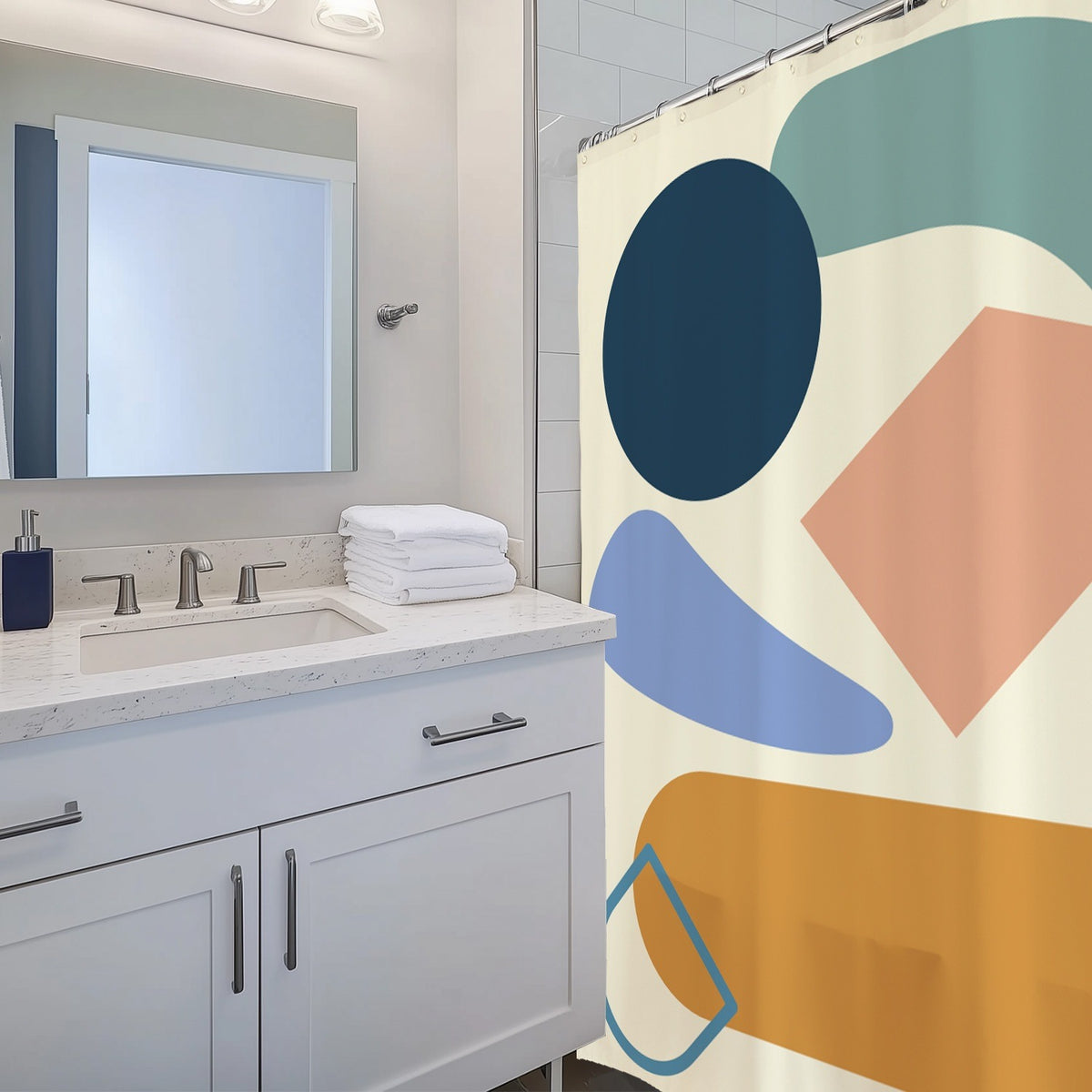 Feblilac Blue and Orange Abstract Blocks Shower Curtain