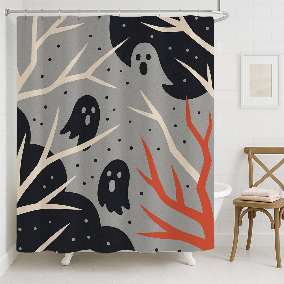 Feblilac Halloween Forest shower curtain hanging in a bright bathroom