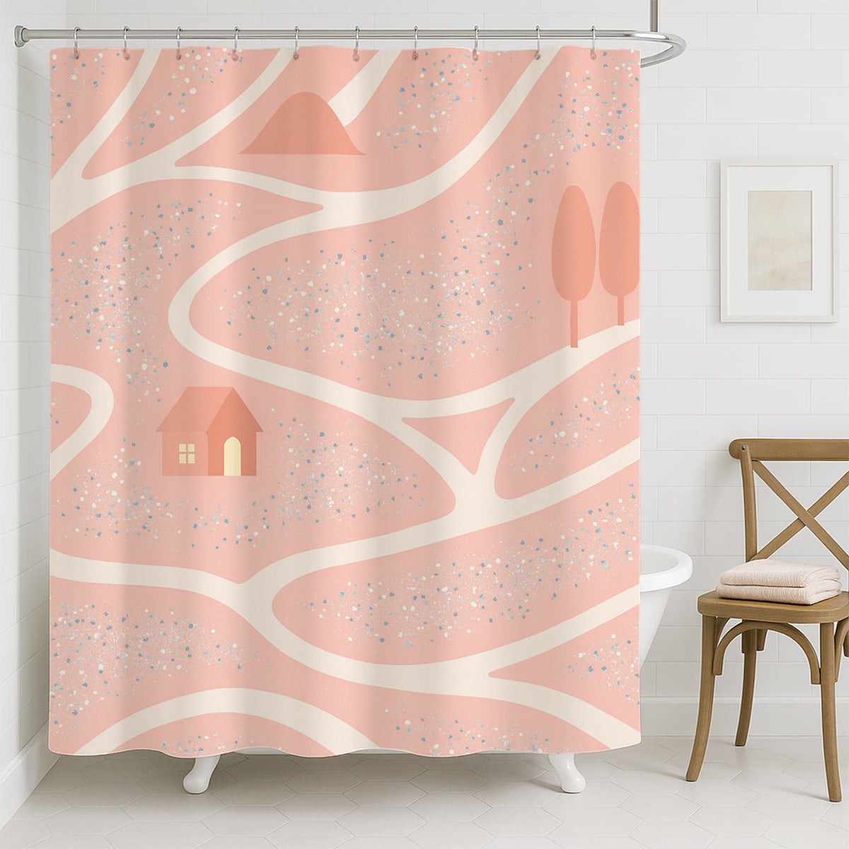 Feblilac Pink Spring Home shower curtain hanging in a bright bathroom