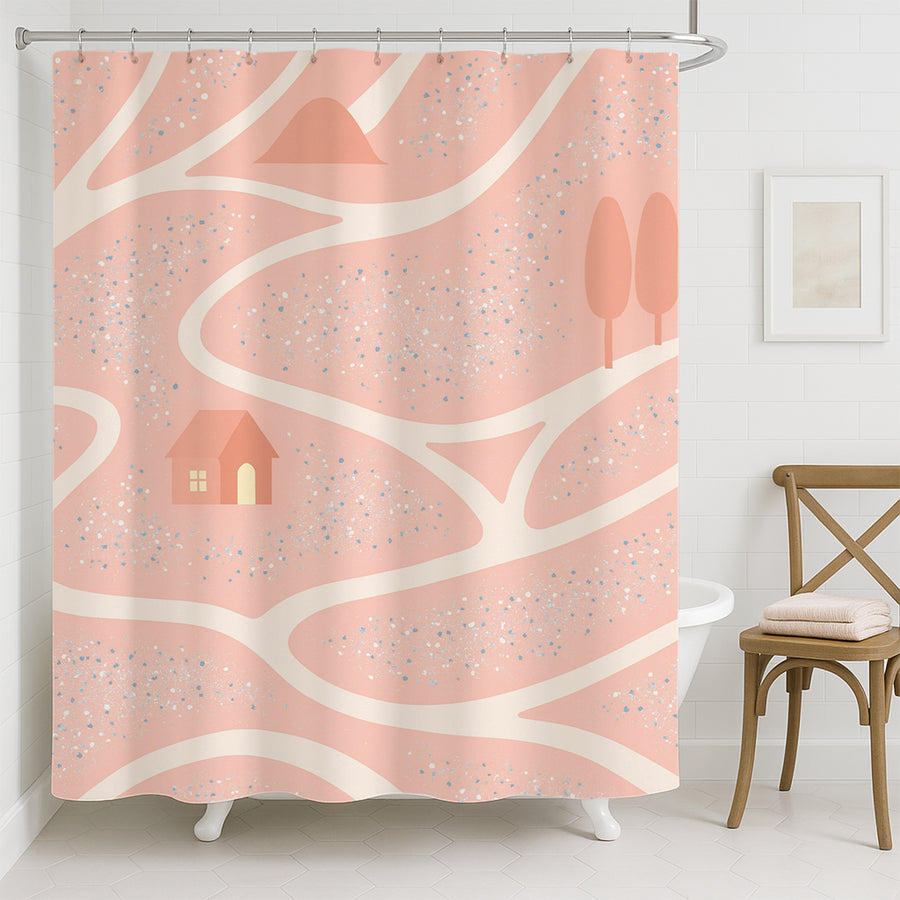 Feblilac Pink Spring Home shower curtain hanging in a bright bathroom
