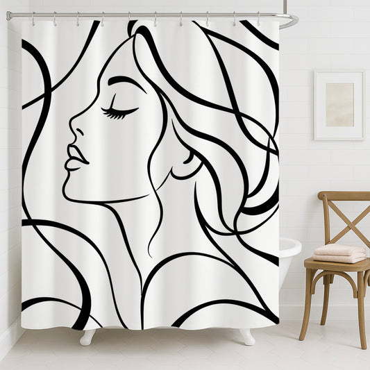 Feblilac black and white woman face line art shower curtain hanging in a modern bathroom