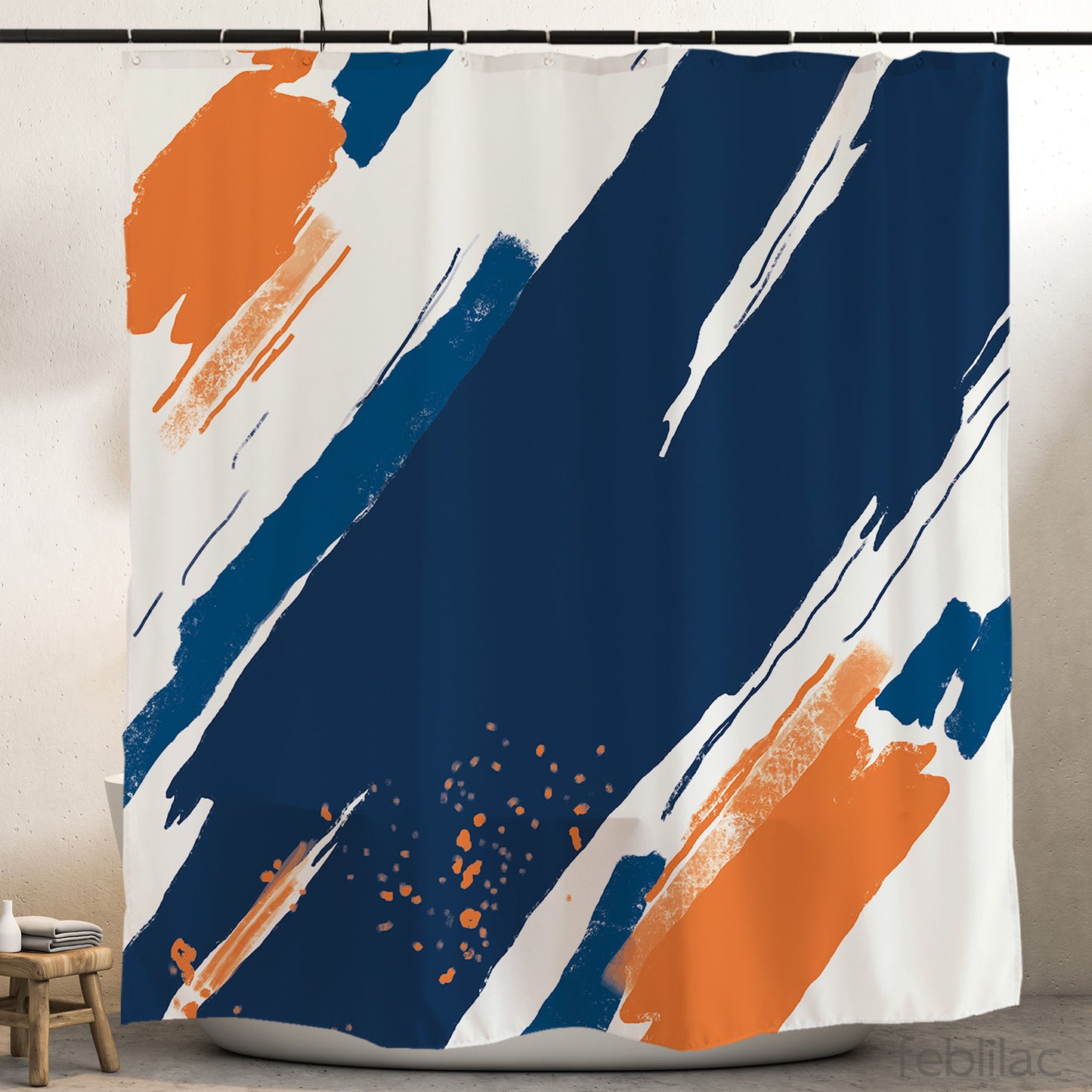 Feblilac Paint Blue Orange Shower Curtain with Hooks