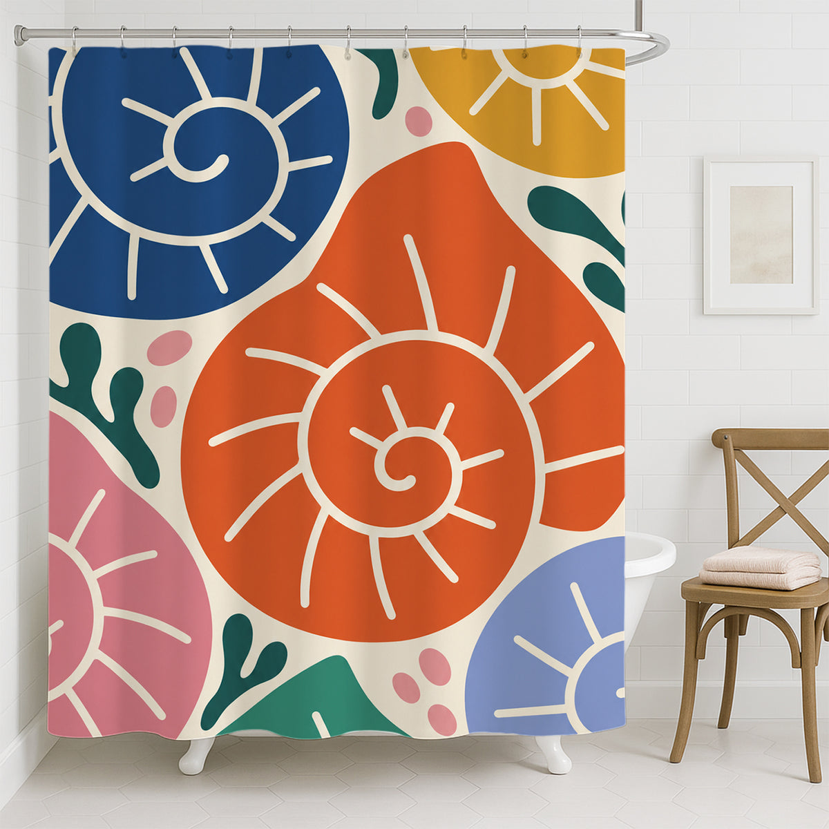 Feblilac Coastal Seashell shower curtain hanging in a bright bathroom