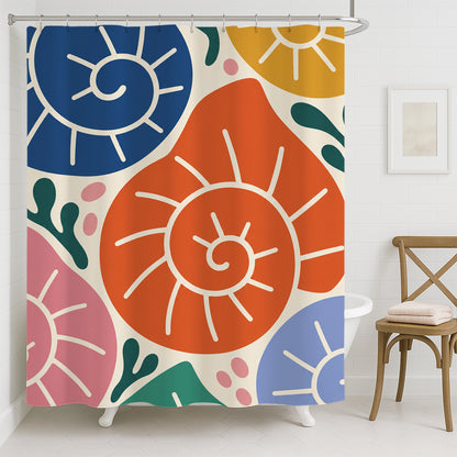 Feblilac Coastal Seashell shower curtain hanging in a bright bathroom