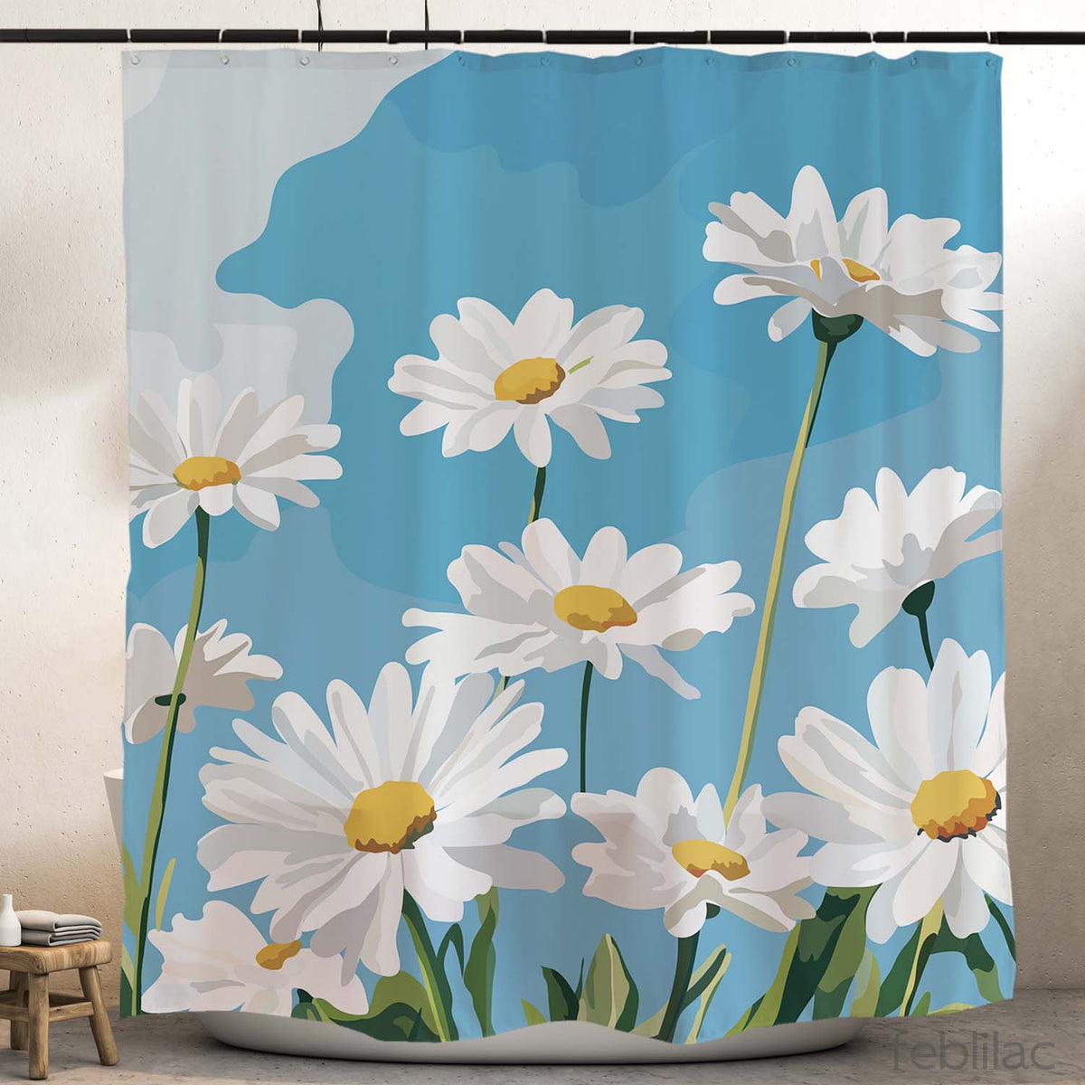 Feblilac Blue Sky Daisies shower curtain hanging in a bright bathroom