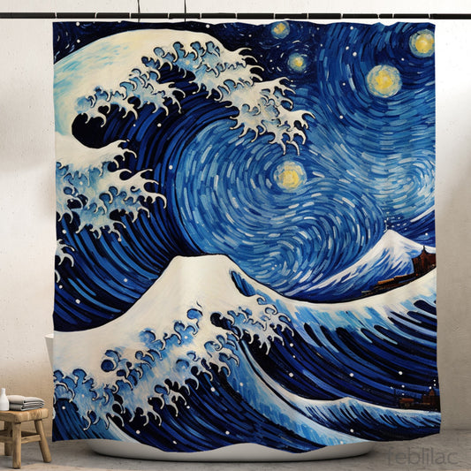 Feblilac Ukiyoe Sea Waves Starry Sky Shower Curtain with Hook