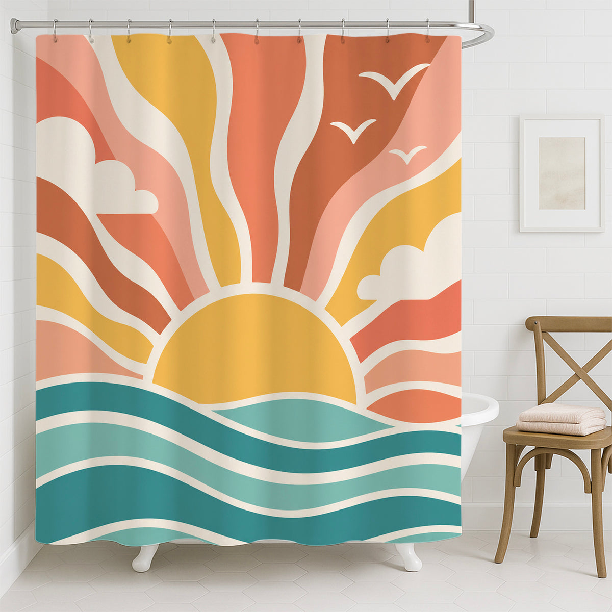 Feblilac Hello Sunshine shower curtain hanging in a bright bathroom