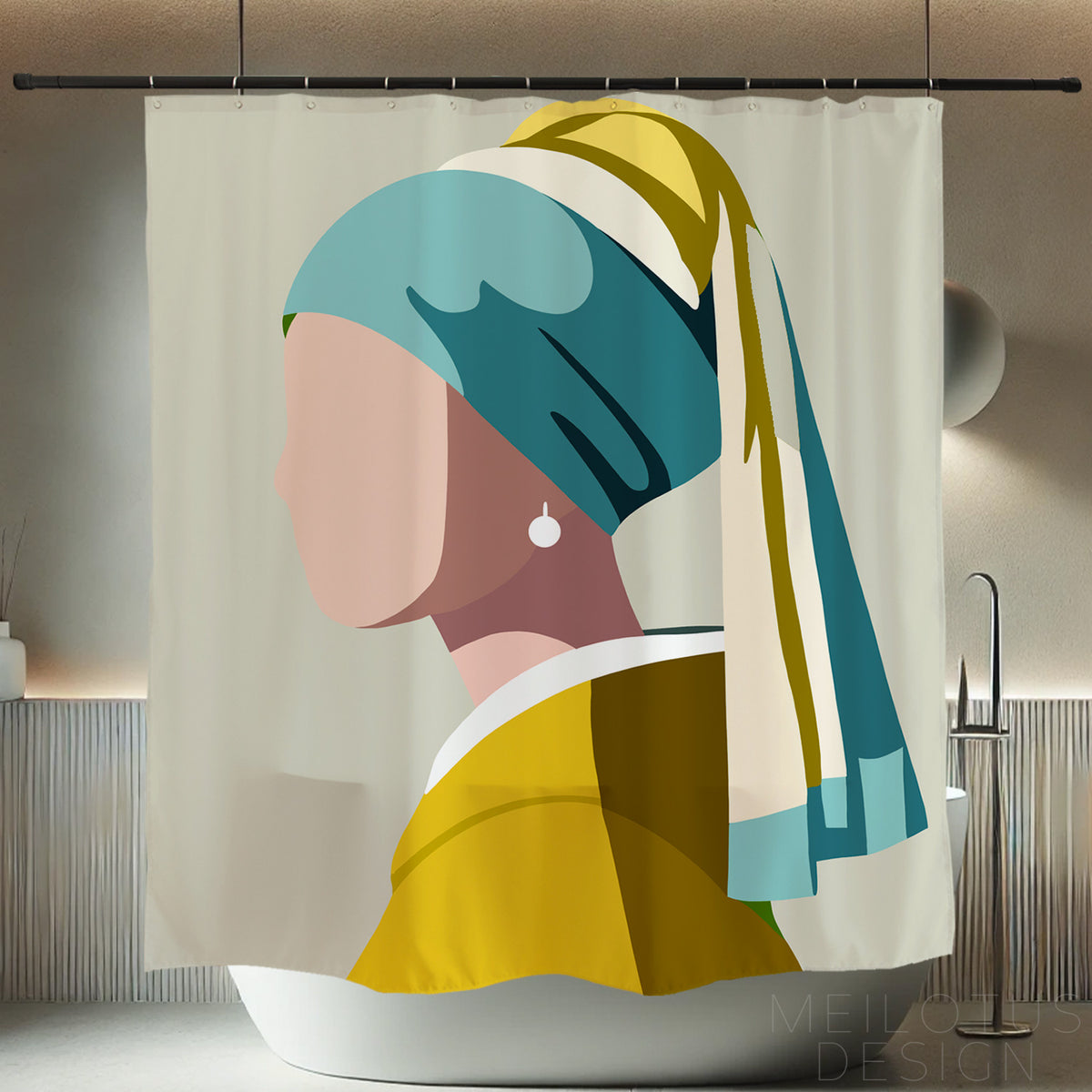 Feblilac Girl with a Pearl Earring shower curtain hanging in a bright bathroom