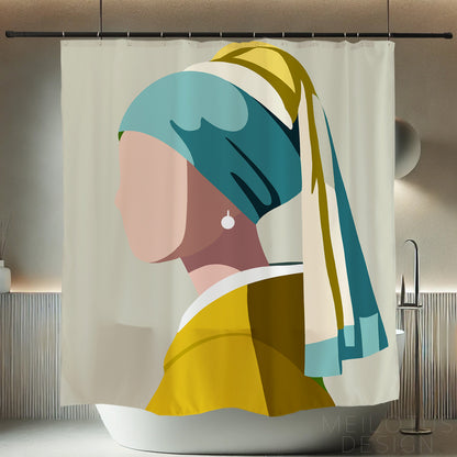 Feblilac Girl with a Pearl Earring shower curtain hanging in a bright bathroom