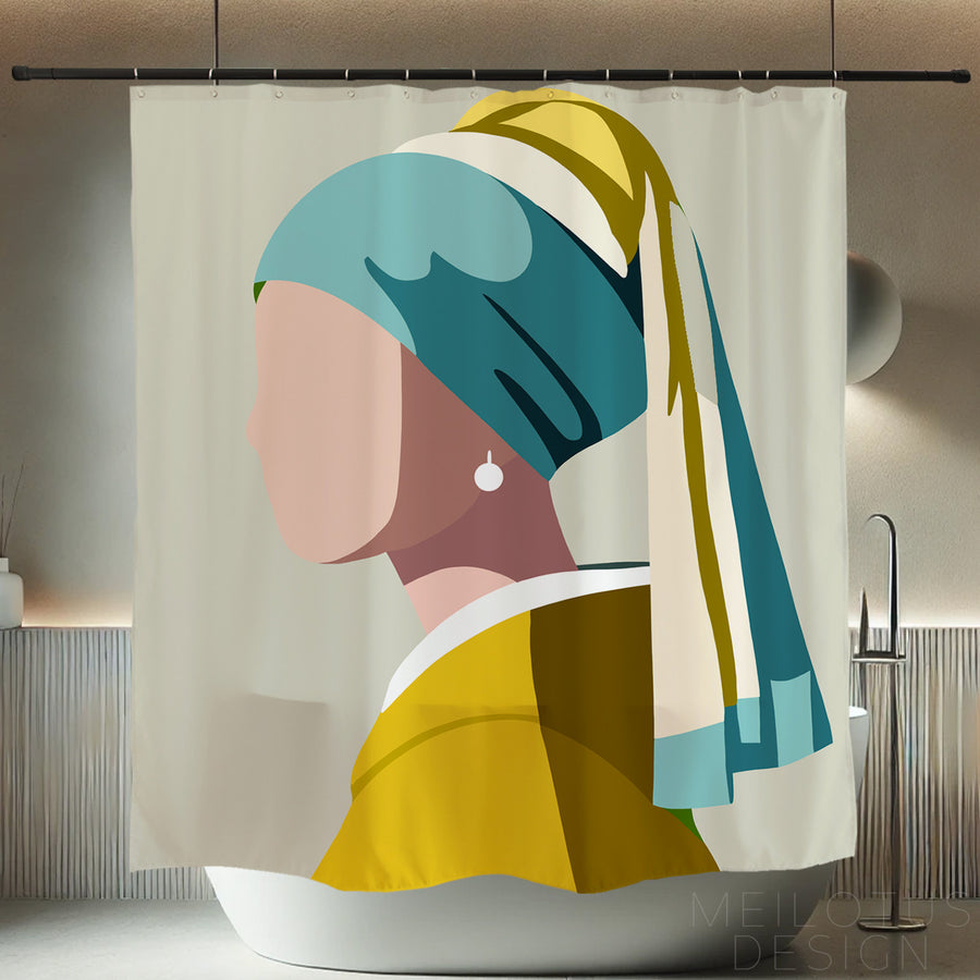 Feblilac Girl with a Pearl Earring shower curtain hanging in a bright bathroom