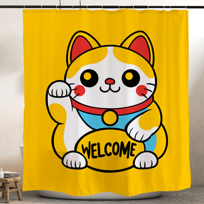 Feblilac Lucky Cat Welcome Shower Curtain with Hooks