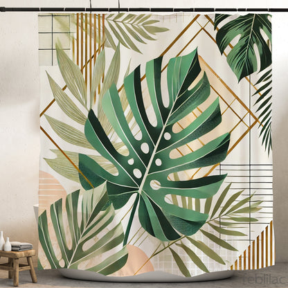 Feblilac Leaves and Geometric Shower Curtain with Hooks