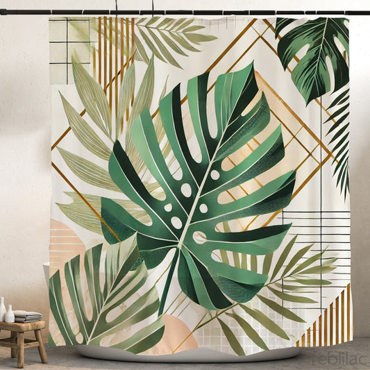 Feblilac Leaves and Geometric Shower Curtain with Hooks