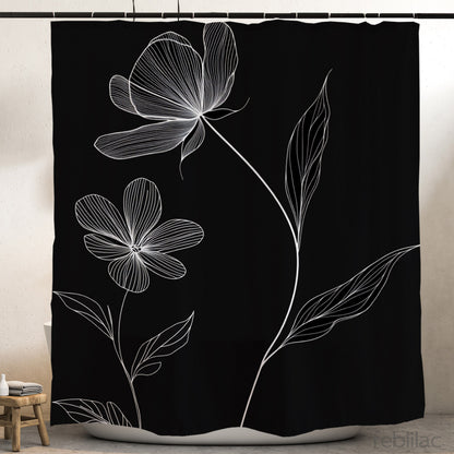 Feblilac Minimal Black and White Flowers shower curtain hanging in a bright bathroom