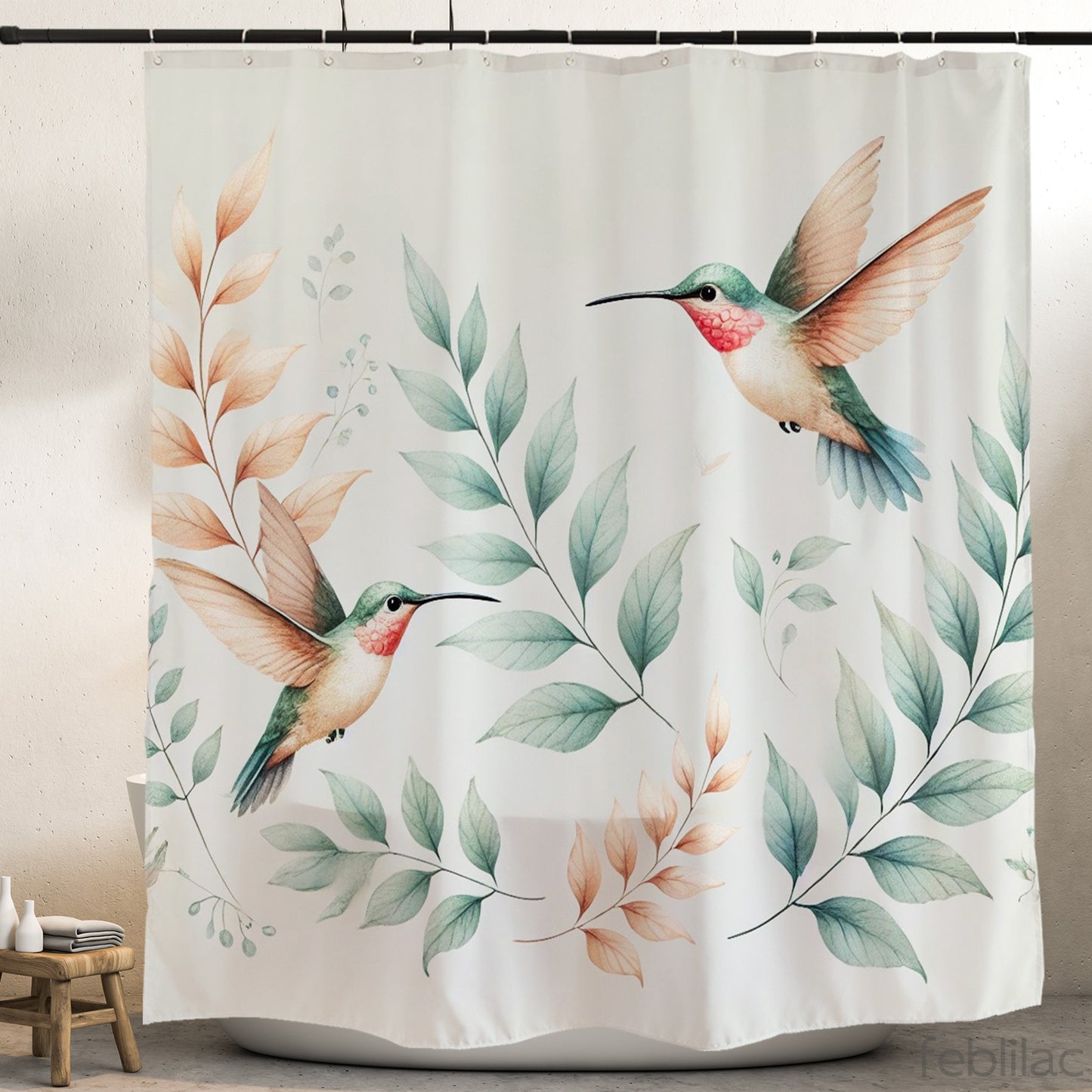 Feblilac Hummingbird and Leaves Shower Curtain with Hooks