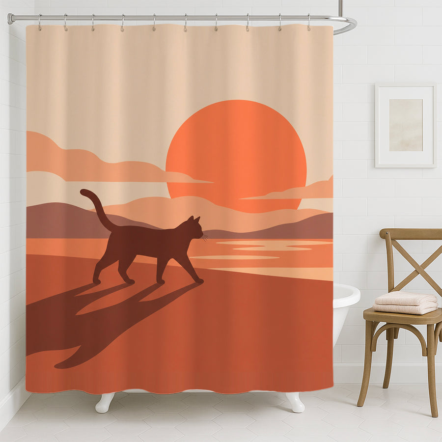 Feblilac Cat Walking at Sunset shower curtain hanging in a bright bathroom