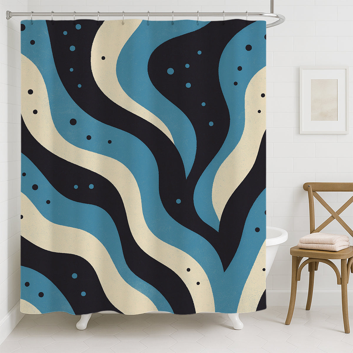 Feblilac Blue Black Smoke shower curtain hanging in a bright bathroom