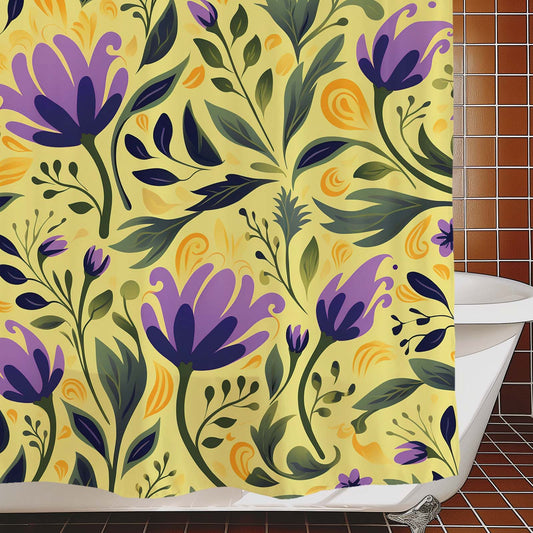 Feblilac Purple Flower Yellow Background Shower Curtain with Hook