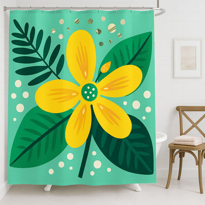 Feblilac Yellow Flower Green Background Shower Curtain with Hook