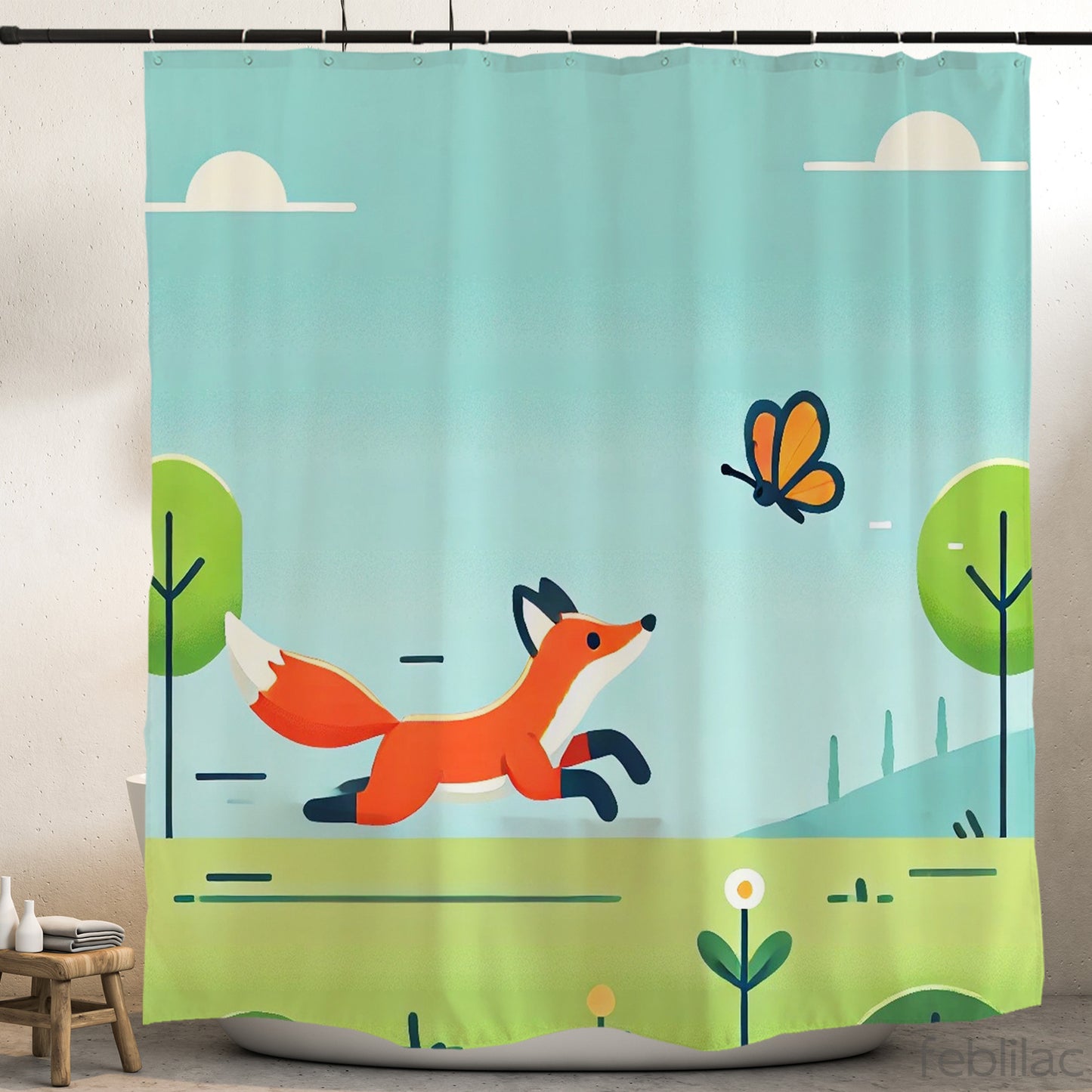 Feblilac Fox Butterfly Shower Curtain with Hooks