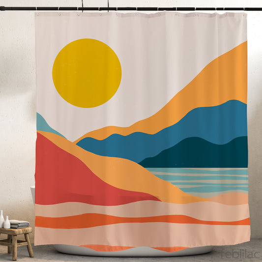 Feblilac Red Orange Blue Lake Sunset Shower Curtain with Hook