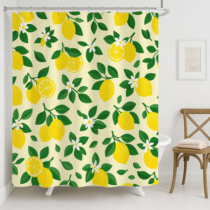 Feblilac Lemon Floral Shower Curtain, Yellow Citrus Fruit Shower Curtain with Green Leaves