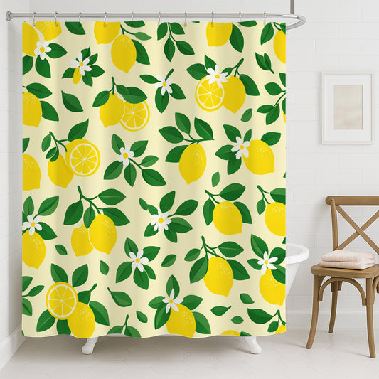 Feblilac Lemon Floral Shower Curtain, Yellow Citrus Fruit Shower Curtain with Green Leaves