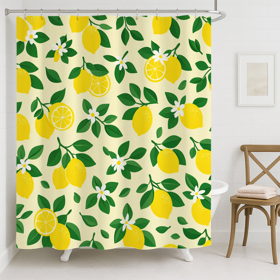 Feblilac Lemon Floral Shower Curtain, Yellow Citrus Fruit Shower Curtain with Green Leaves