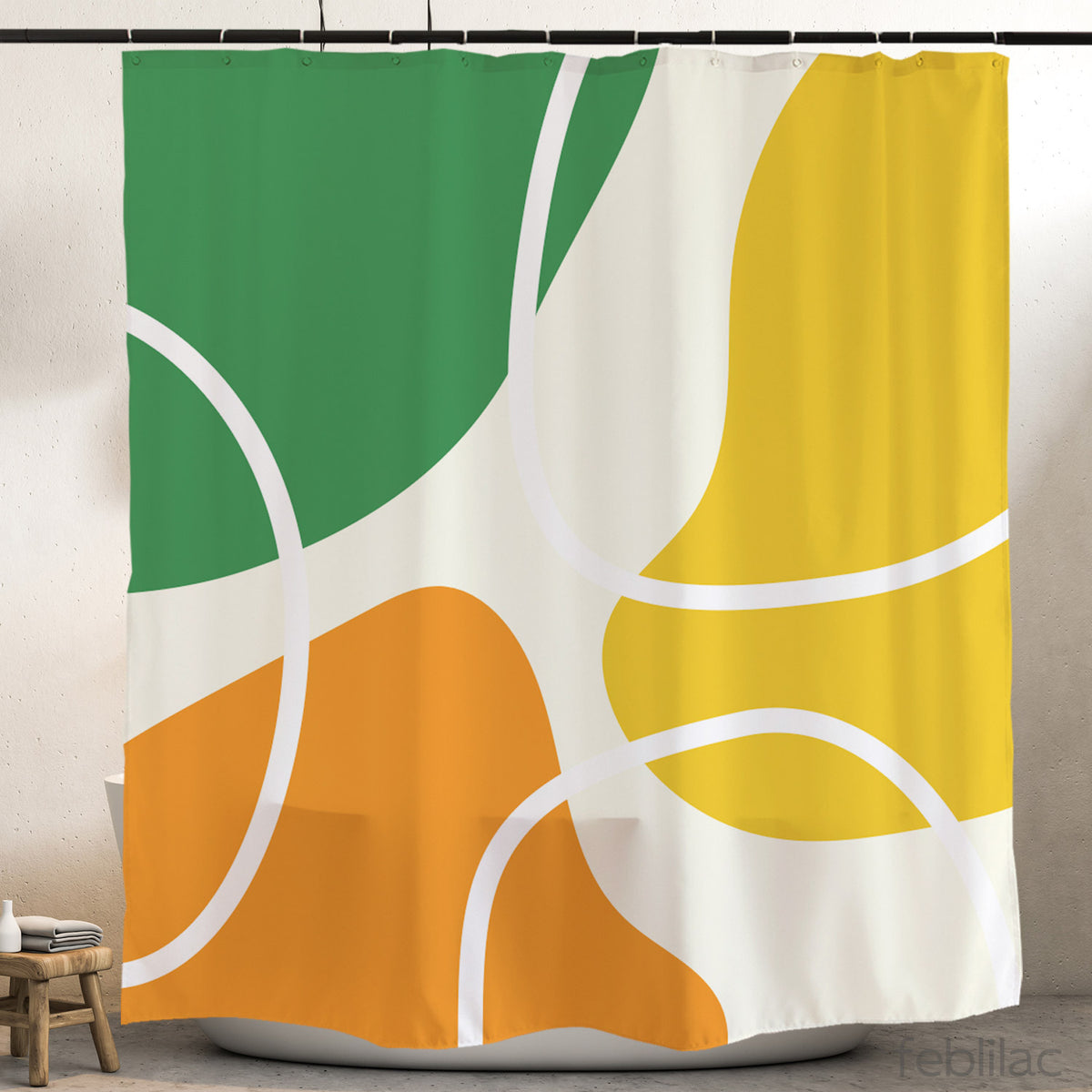 Feblilac Red Yellow Green Abstract Curves shower curtain hanging in a bright bathroom