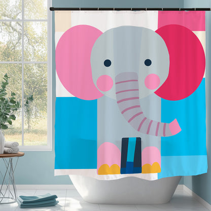 Feblilac Abstract Elephant shower curtain hanging in a bright bathroom