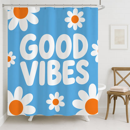 Feblilac Good Vibes Daisy Shower Curtain – Blue Floral Bathroom Curtain