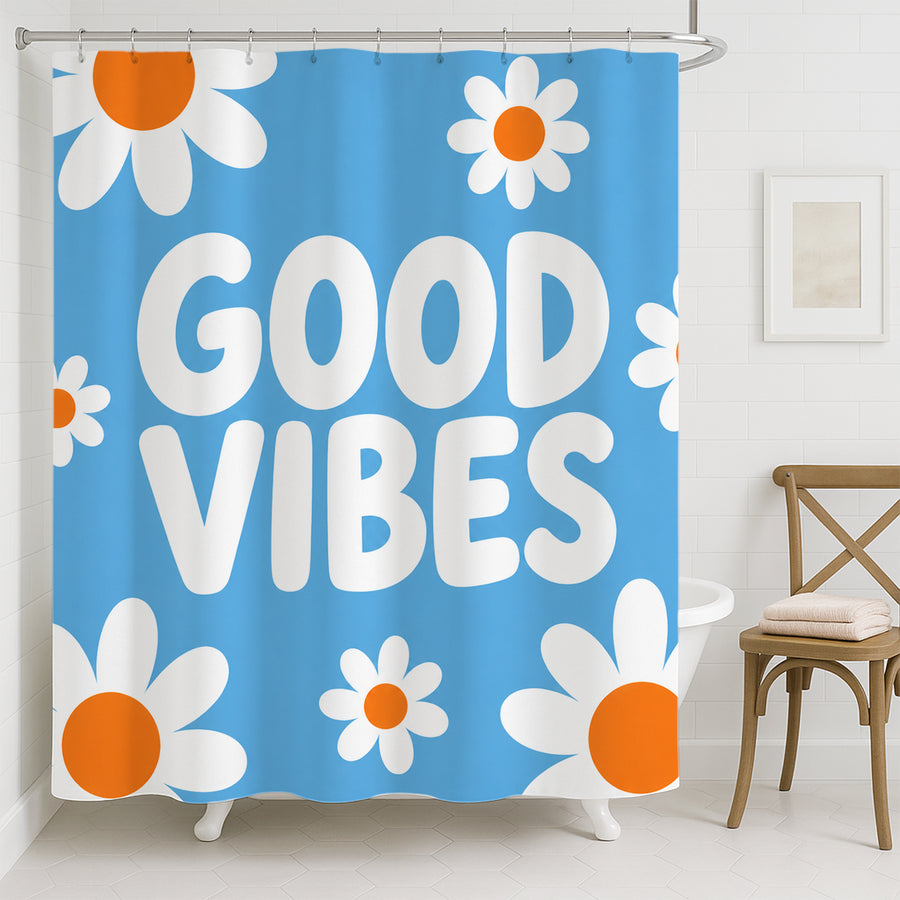 Feblilac Good Vibes Daisy Shower Curtain – Blue Floral Bathroom Curtain