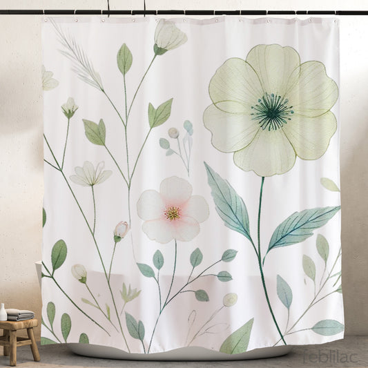 Feblilac Watercolor Flowers and Leaves Shower Curtain with Hooks