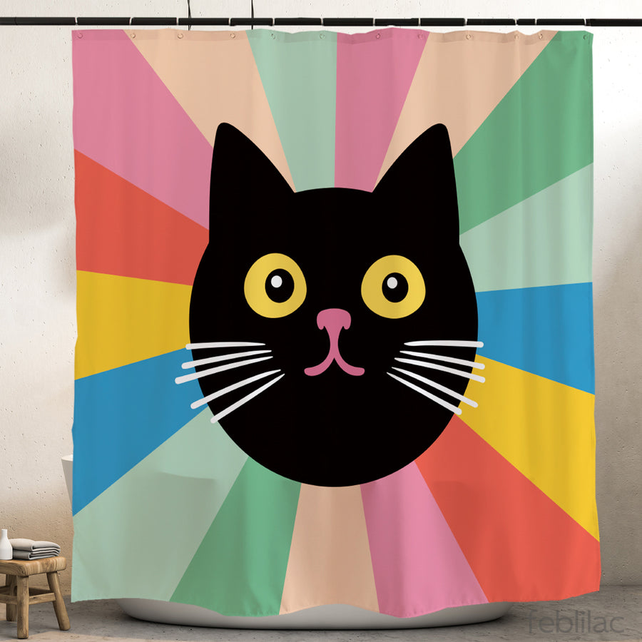 Feblilac Black Cat Colorful Stripes Shower Curtain with Hook