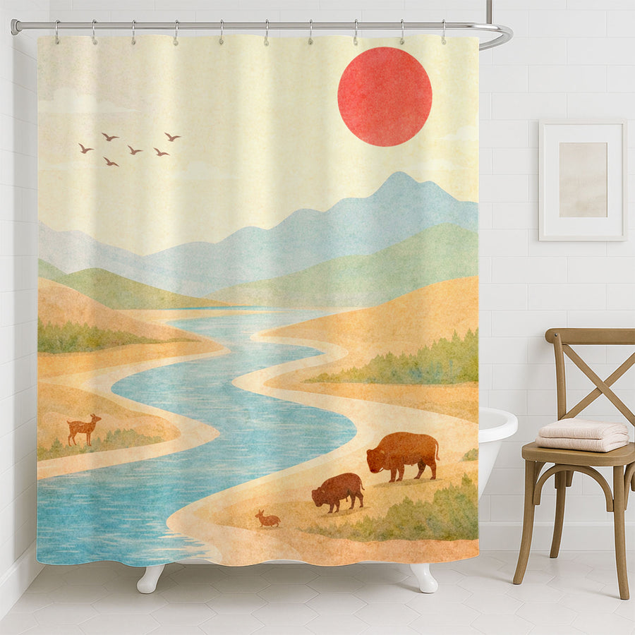 Feblilac Watercolor Mountain River Shower Curtain with Sun and Wildlife Landscape