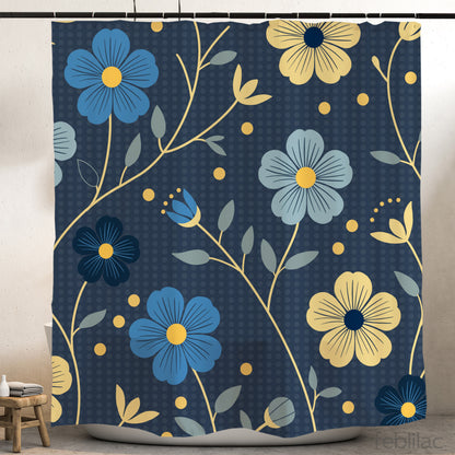 Feblilac Japanese Blue and Gold Flowers Shower Curtain with Hooks