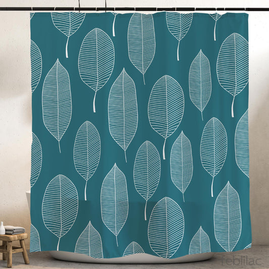Feblilac White Leaves Green Background Shower Curtain with Hook