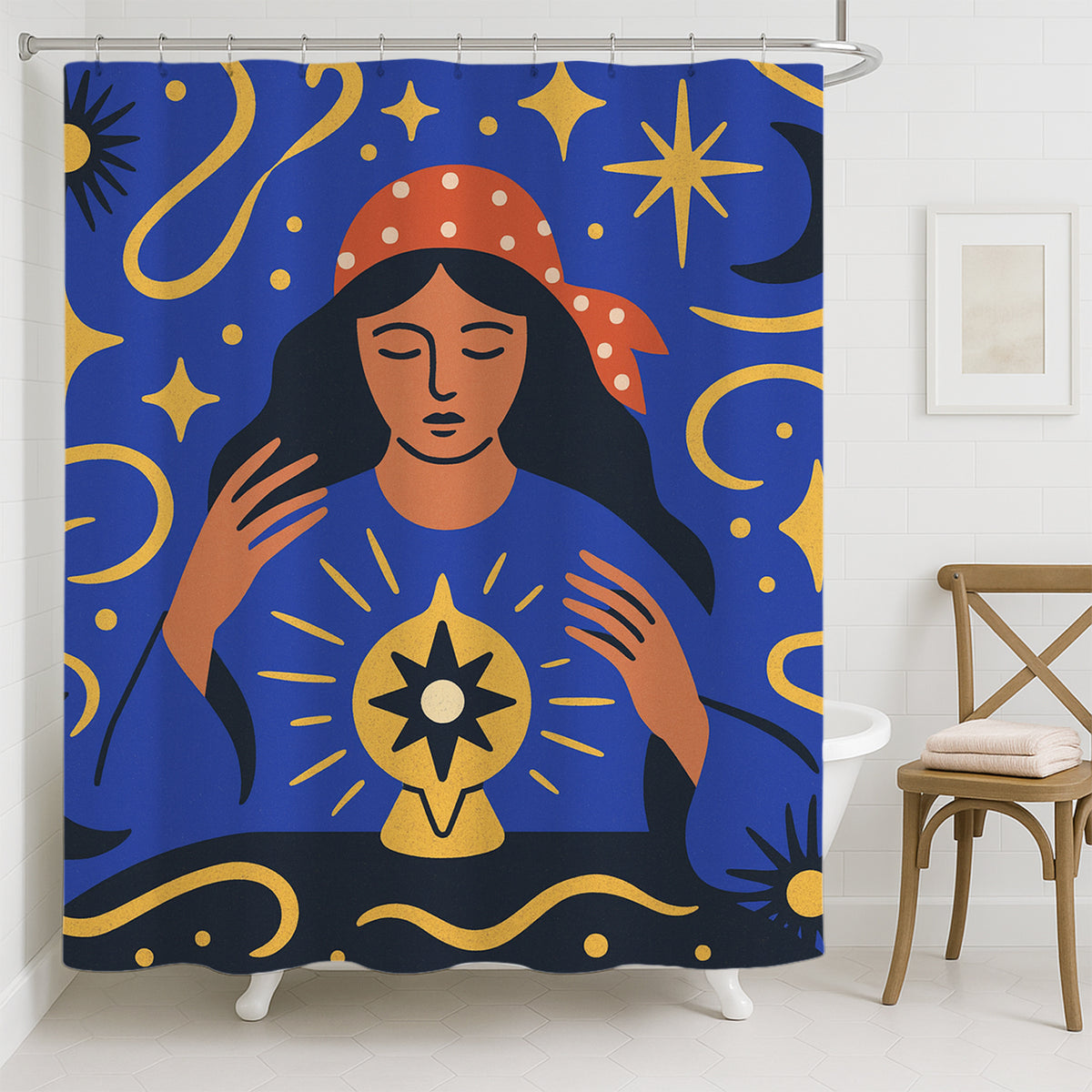 Feblilac Gypsy Under the Stars shower curtain hanging in a bright bathroom