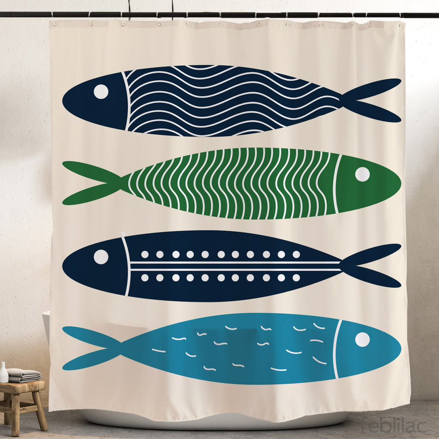 Feblilac Blue Simple Fish Shower Curtain with Hook